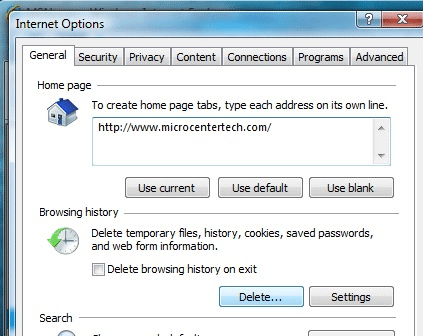 Internet Options, General, Delete Browsing History